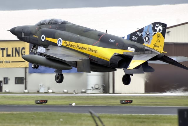Hellenic Air Force RF-4E Phantom II in a special color scheme, lands at RIAT 2008, UK