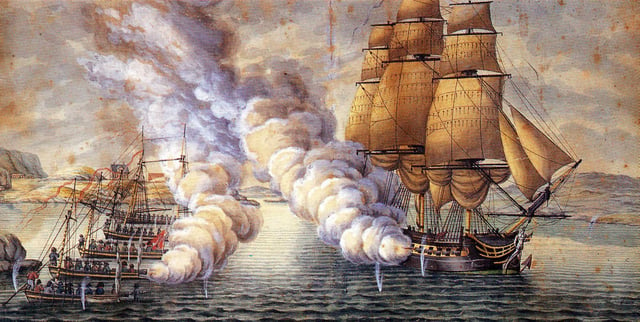 Battle between the frigate HMS Tartar and Norwegian gunboats near Bergen in 1808.
