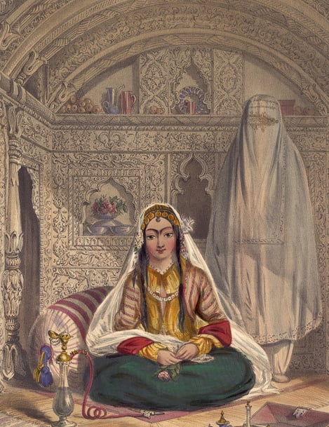 Ladies of Caubul (1848 lithograph, by James Rattray) showing the lifting of purdah in zenana areas – Oriental and India Office Collection, British Library