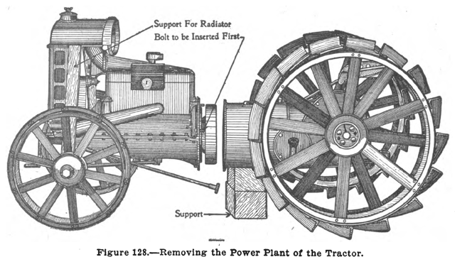Disassembly of the original Fordson tractor, showing the unit-frame construction and how the tractor can be taken apart for service, with blocks of wood inserted to support the separated parts