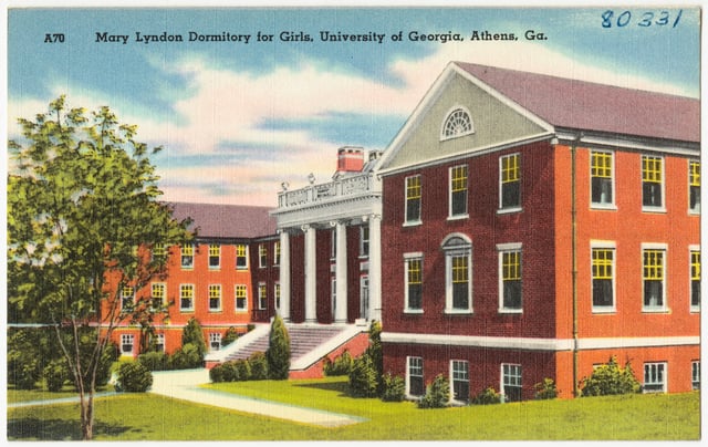 This postcard depicts Mary Lyndon Hall (built in 1938), named after the first female student at UGA to earn a graduate degree.