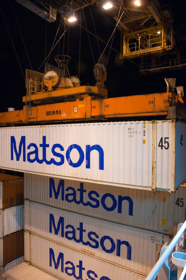 Matson containers being loaded into a ship