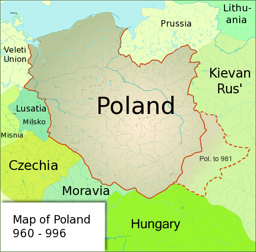 Map of Poland under the rule of Duke Mieszko I, who is considered to be the creator of the Polish state, c. 960–996
