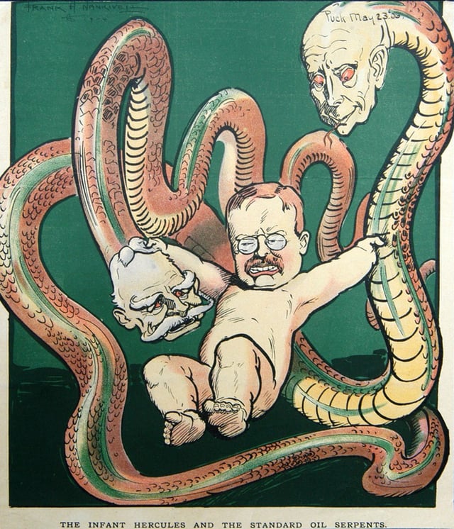 Puck magazine cartoon, "The Infant Hercules and the Standard Oil serpents", May 23, 1906 issue; depicting U.S. President Theodore Roosevelt grabbing the head of Nelson W. Aldrich and the snake-like body of John D. Rockefeller.