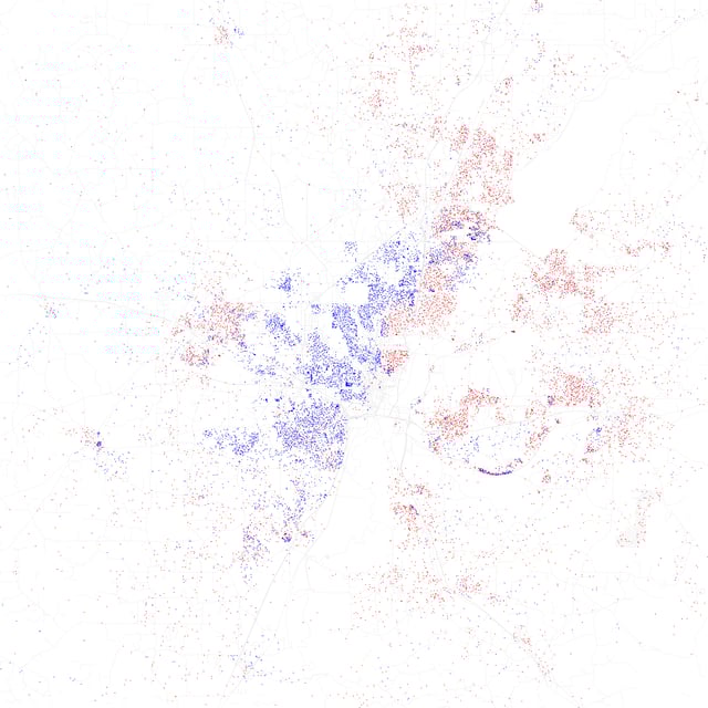 Map of racial distribution in Jackson, 2010 U.S. Census. Each dot is 25 people: White, Black, Asian, Hispanic or Other (yellow)