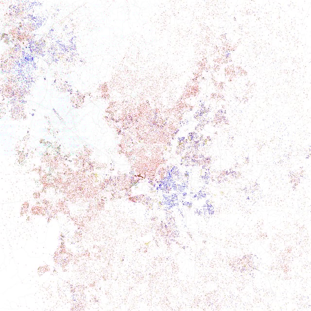 Map of racial distribution in Raleigh, 2010 U.S. Census. Each dot is 25 people: White, Black, Asian, Hispanic or Other (yellow)