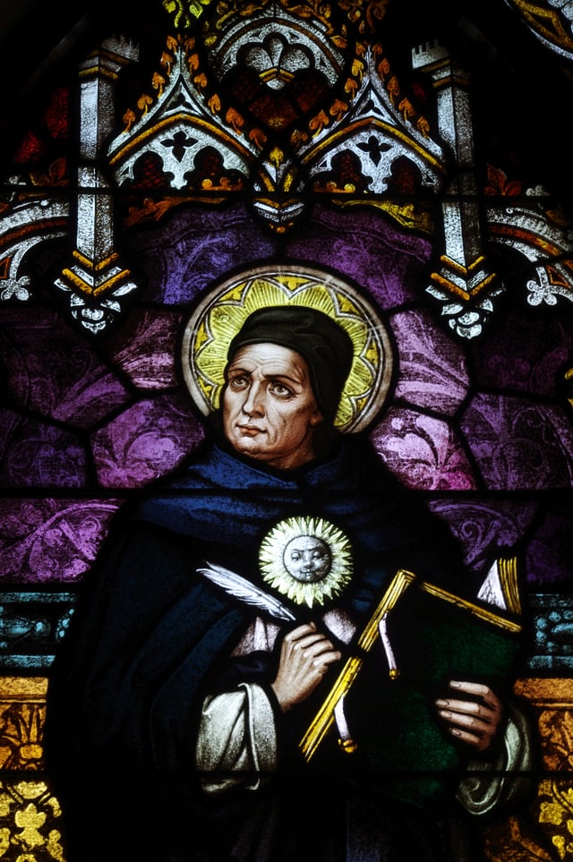 A stained glass window of Thomas Aquinas in St. Joseph's Catholic Church (Central City, Kentucky)
