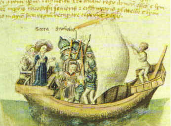 Scota and Goídel Glas voyaging from Egypt. From the 15th century chronicle the Scotichronicon
