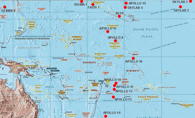 Locations of Pacific Ocean splashdowns of American spacecraft