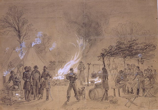 Sketch by Alfred Waud of Thanksgiving in camp (of General Louis Blenker) during the U.S. Civil War in 1861