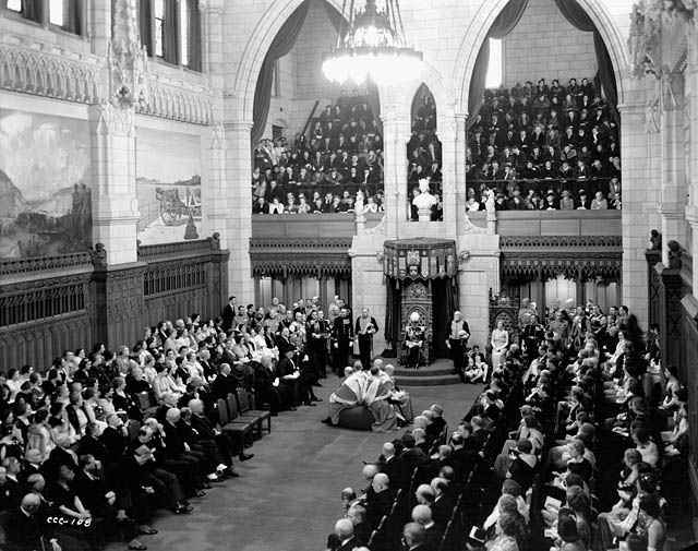 The Lord Tweedsmuir gives the Throne Speech at the opening of the third session of the 18th Canadian Parliament, 27 January 1938