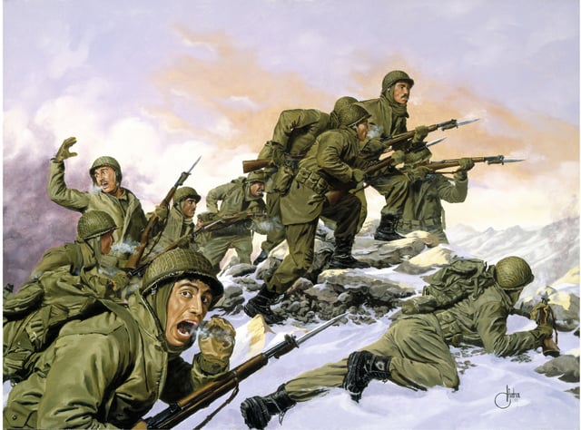 Painting of a bayonet charge by the U.S. 65th Infantry Regiment, made up of Puerto Rican troops, against a Chinese division during the Korean War