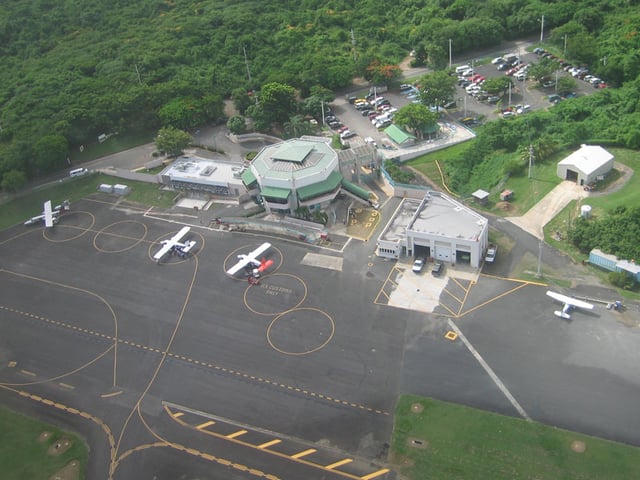 The airport's main building as seen from a departing airplane