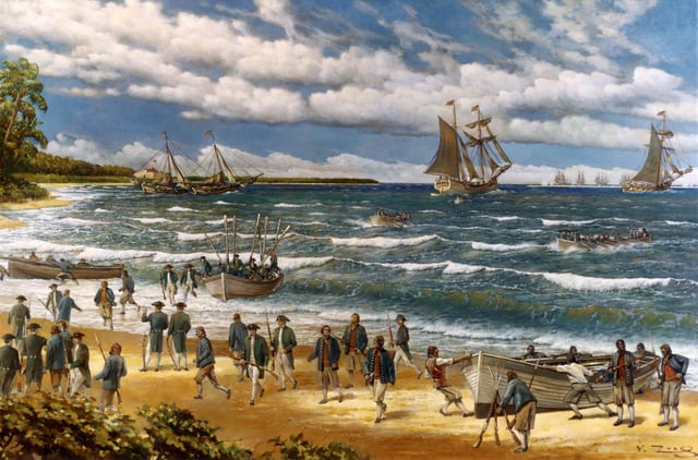 Continental Marines land at New Providence during the Battle of Nassau, the first amphibious landing of the Marine Corps, during the revolution