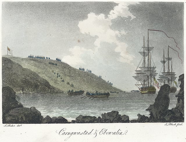 A small French force tried to invade Britain in February 1797. This contemporary image shows troops landing near Fishguard in Wales. The troops were later forced to surrender.