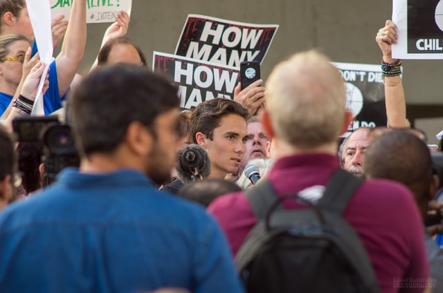 Hogg (center) speaking at a rally in Fort Lauderdale, Florida, February 17, 2018.