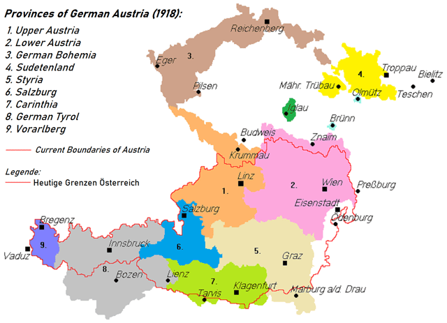 German-speaking provinces claimed by German-Austria in 1918: The border of the subsequent Second Republic of Austria is outlined in red