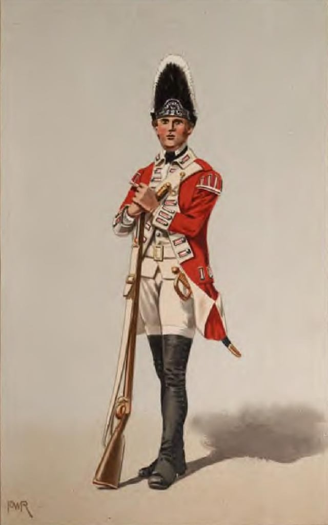 Grenadier of the 40th Regiment of Foot in 1767, armed with a Brown Bess musket