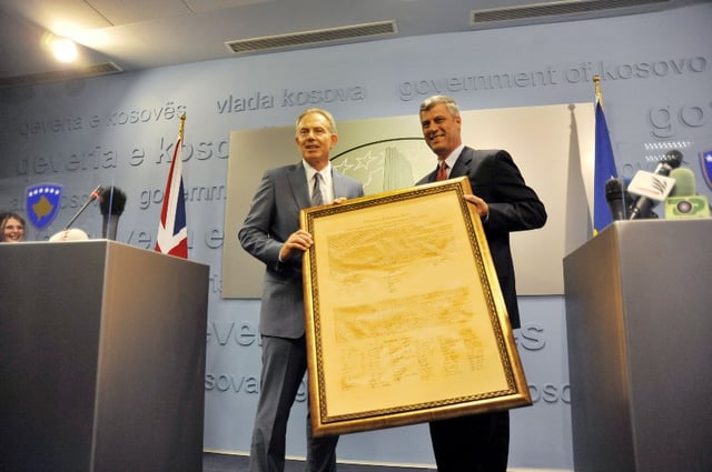 Former rebel leader Hashim Thaçi and Tony Blair with Declaration of Independence of Kosovo