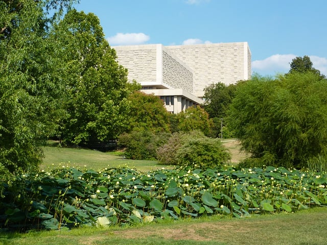 Herman B Wells Library, seen from IU Arboretum