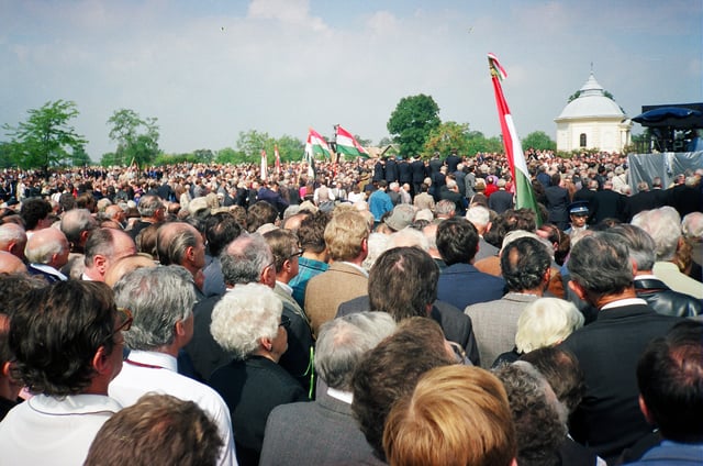 Horthy's 4 September 1993 reburial in Kenderes. The government's open support of the ceremony incited protests and international attention