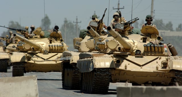 Iraqi Army T-72M main battle tanks. The T-72M tank was a common Iraqi battle tank used in the Gulf War.