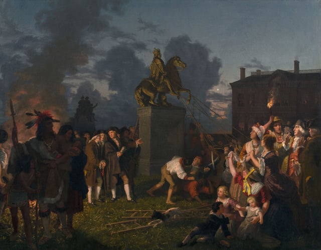 Johannes Adam Simon Oertel's painting Pulling Down the Statue of King George III, N.Y.C., ca. 1859, depicts citizens destroying a statue of King George after the Declaration was read in New York City on July 9, 1776.