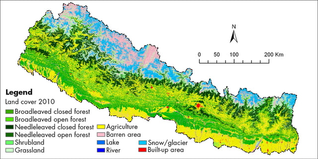 This land cover map of Nepal using Landsat 30 m (2010) data shows forest cover is the dominant type of land cover in Nepal