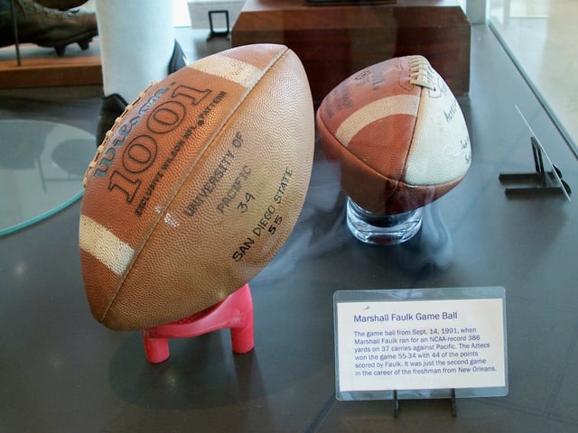 Marshall Faulk's game ball from the September 14, 1991, game when he ran for a NCAA record 386 yards (353 m) and scored 44 points