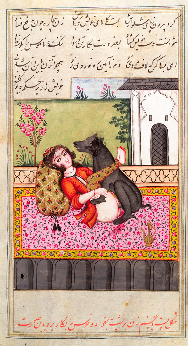 Book illustration depicting dog with woman, Isfahan, Iran, 15th century.