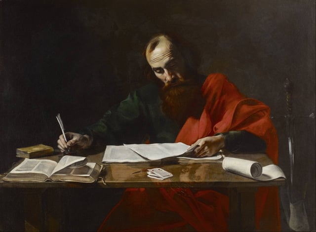 Paul Writing His Epistles, painting attributed to Valentin de Boulogne, 17th century