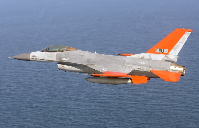 A USAF QF-16A, on its first unmanned test flight, over the Gulf of Mexico