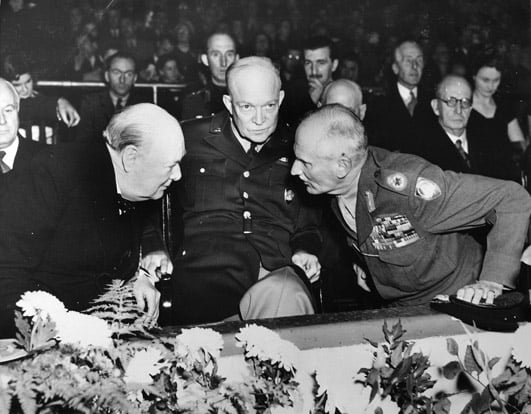 Churchill with American General Dwight D. Eisenhower and Field Marshal Bernard Law Montgomery at a meeting of NATO in October 1951, shortly before Churchill was to become prime minister for a second time