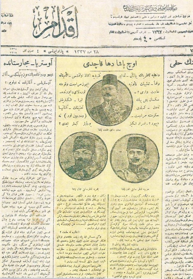 The front page of the Ottoman newspaper İkdam on 4 November 1918 after the Three Pashas fled the country after being indicted for war crimes against the Armenians and Greeks. It reads: "Their response to eliminate the Armenian problem was to attempt the elimination of the Armenians themselves."