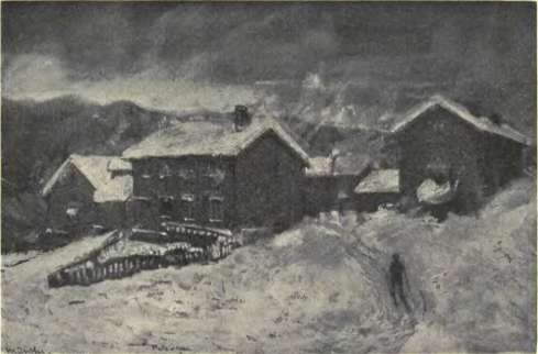 Bjørgan farmyard in Kvikne. Drawing by Gerhard Munthe