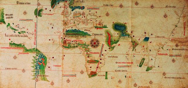 The Cantino planisphere (1502), the oldest surviving Portuguese nautical chart showing the results of the explorations of Vasco da Gama to India, Columbus to Central America, Gaspar Corte-Real to Newfoundland and Pedro Álvares Cabral to Brazil. The meridian of Tordesillas, separating the Portuguese and Spanish halves of the world is also depicted