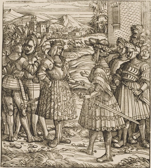 Maximilian talking to German knights (depiction from the contemporary Weisskunig)