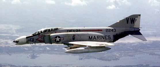 A U.S. Marine F-4B with VMFA-314, flies over South Vietnam in September 1968