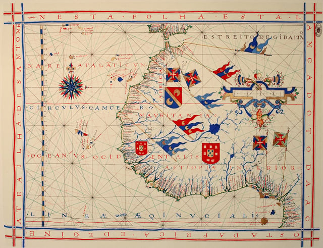 A pre-Mercator nautical chart of 1571, from Portuguese cartographer Fernão Vaz Dourado (c. 1520–c. 1580). It belongs to the so-called plane chart model, where observed latitudes and magnetic directions are plotted directly into the plane, with a constant scale, as if the Earth were a plane (Portuguese National Archives of Torre do Tombo, Lisbon).