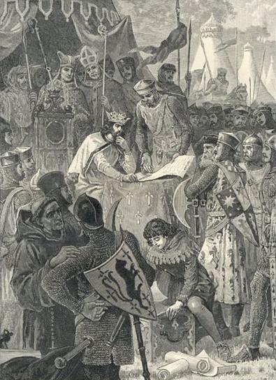 King John signs Magna Carta at Runnymede in 1215, surrounded by his baronage. Illustration from Cassell's History of England, 1902.