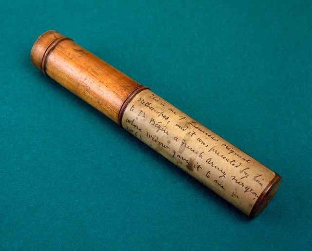 One of the original stethoscopes belonging to Rene Theophile Laennec made of wood and brass