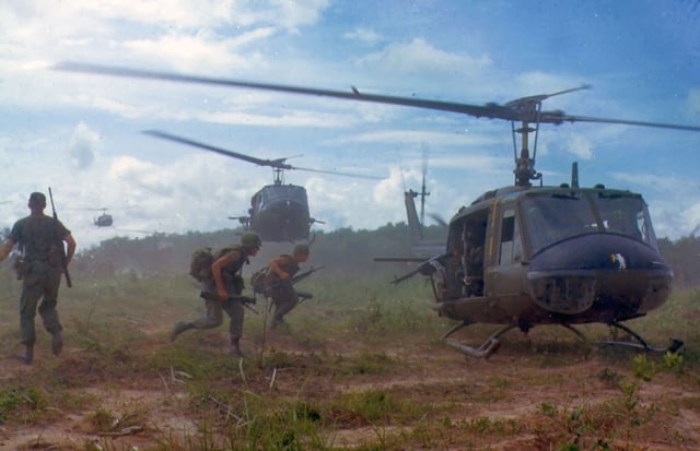 UH-1D helicopters airlift members of a U.S. infantry regiment, 1966