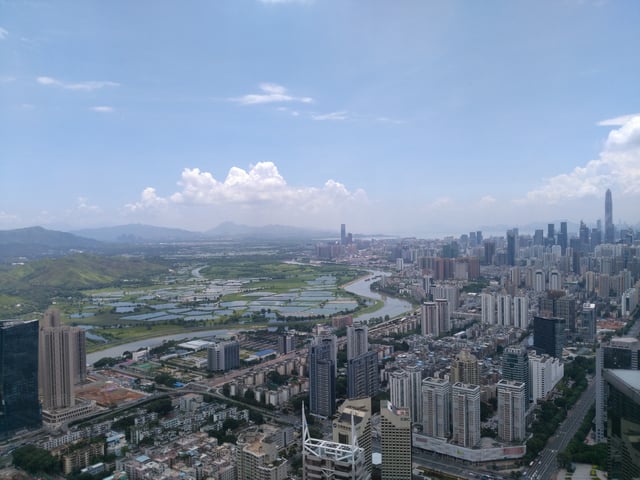 Luohu viewing southwest, with Shenzhen River and Hong Kong's Frontier Closed Area in the background