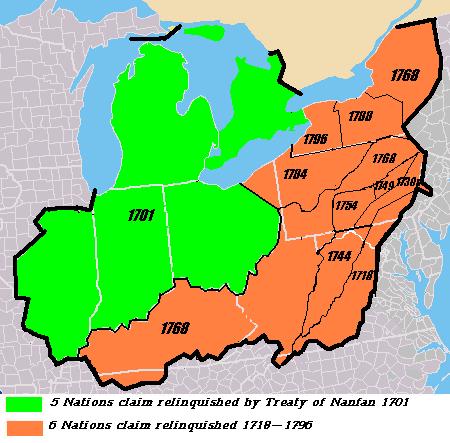 Map showing dates Iroquois claims relinquished, 1701–1796. Note: In the 1701 Nanfan Treaty, the Five Nations abandoned their nominal claims to "beaver hunting" lands north of the Ohio in favor of England; however, these areas were still de facto controlled by other tribes allied with France.