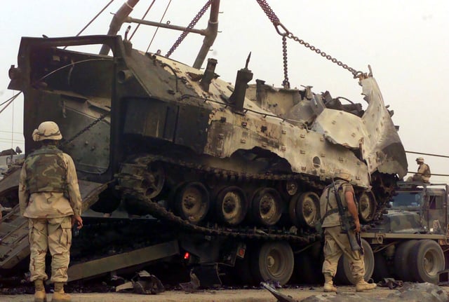 A U.S. amphibious fighting vehicle destroyed near Nasiriyah