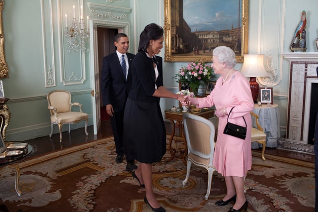 Obama is greeted by Queen Elizabeth II at Buckingham Palace, United Kingdom, April 1, 2009.