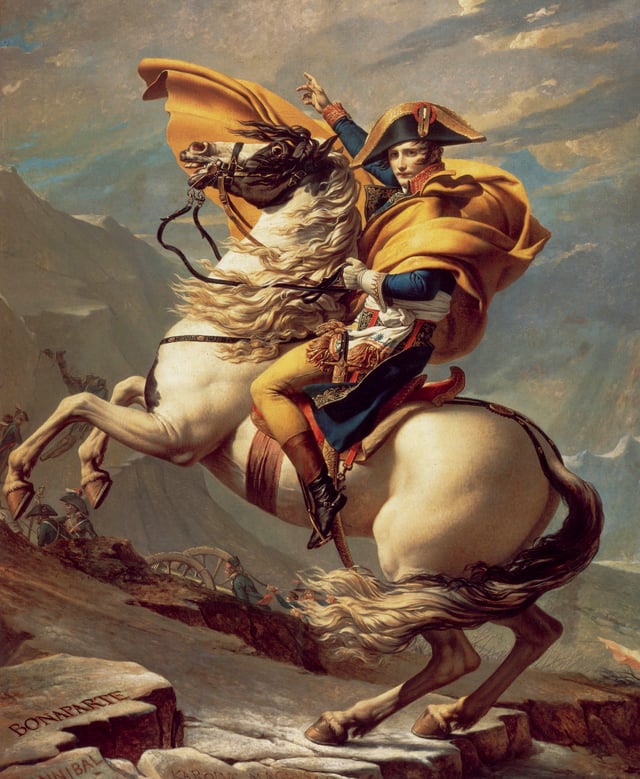 Napoleon Crossing the Alps by Jacques-Louis David. In one of the famous paintings of Napoleon, the Consul and his army are depicted crossing the Swiss Alps on their way to Italy. The daring maneuver surprised the Austrians and forced a decisive engagement at Marengo in June 1800. Victory there allowed Napoleon to strengthen his political position back in France.