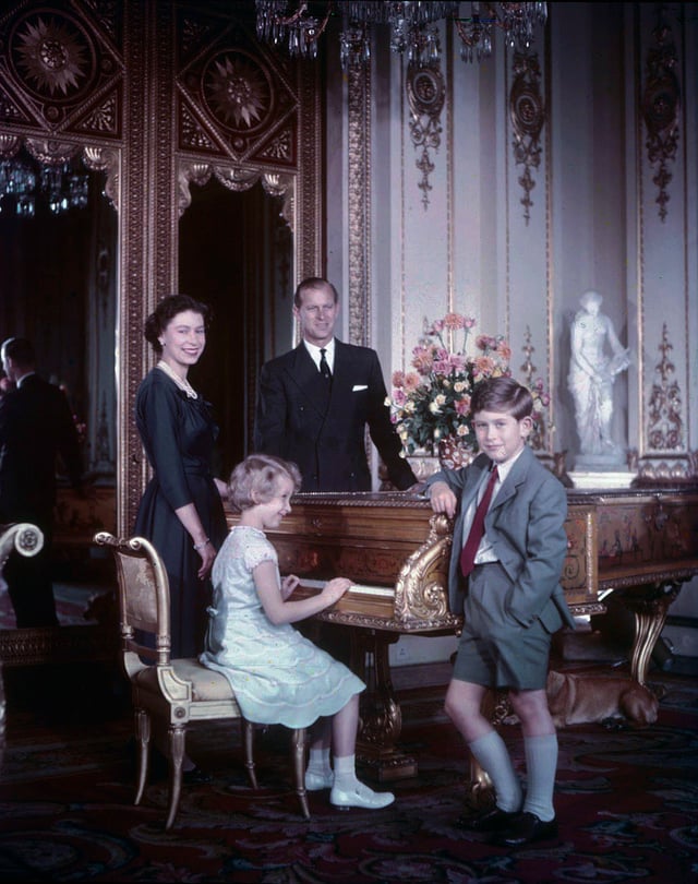 Princess Anne with her parents and elder brother in October 1957