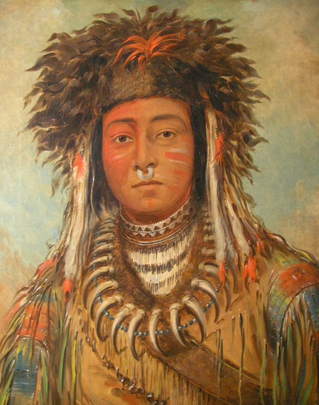 An Ojibwe named Boy Chief, by the noted American painter George Catlin, who made portraits at Fort Snelling in 1835. In 1845 he traveled to Paris with eleven Ojibwe, who had their portraits painted and danced for King Louis Philippe.