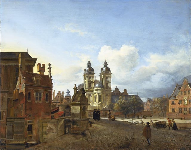 View of Düsseldorf with the church of St. Andrew in the centre, 1667. The architectural elements were painted by Jan van der Heyden and the figures by Adriaen van de Velde.